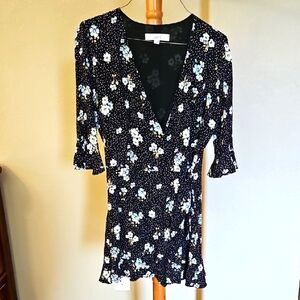 LOFT Black Floral Wrap Mini Dress, Size 0